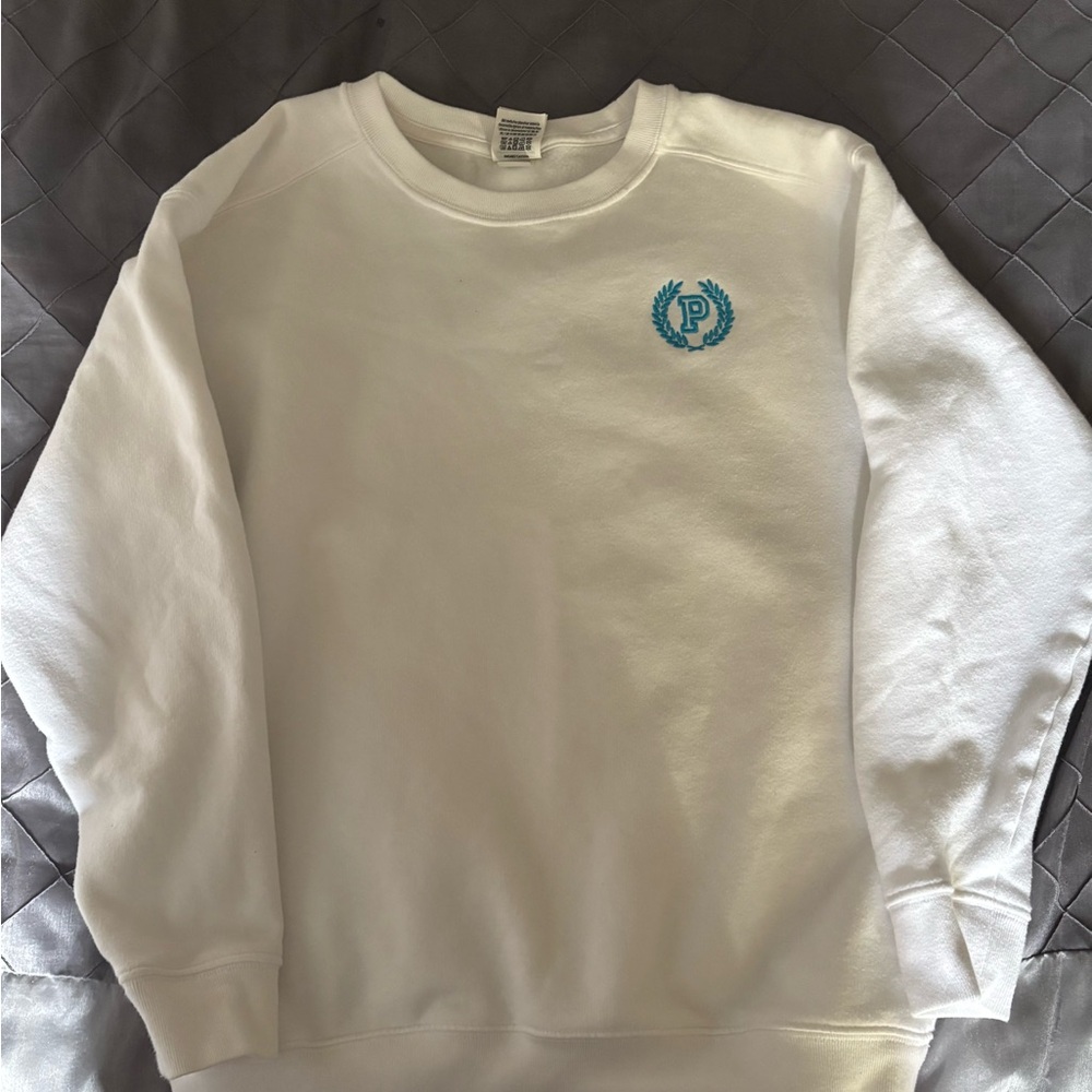 PINK Victoria's Secret White Crewneck with Blue Emblem